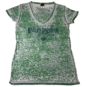 Harley Davidson Genuine Green White Bleach Tie‎ Dye V Neck T Shirt Top Womens LG